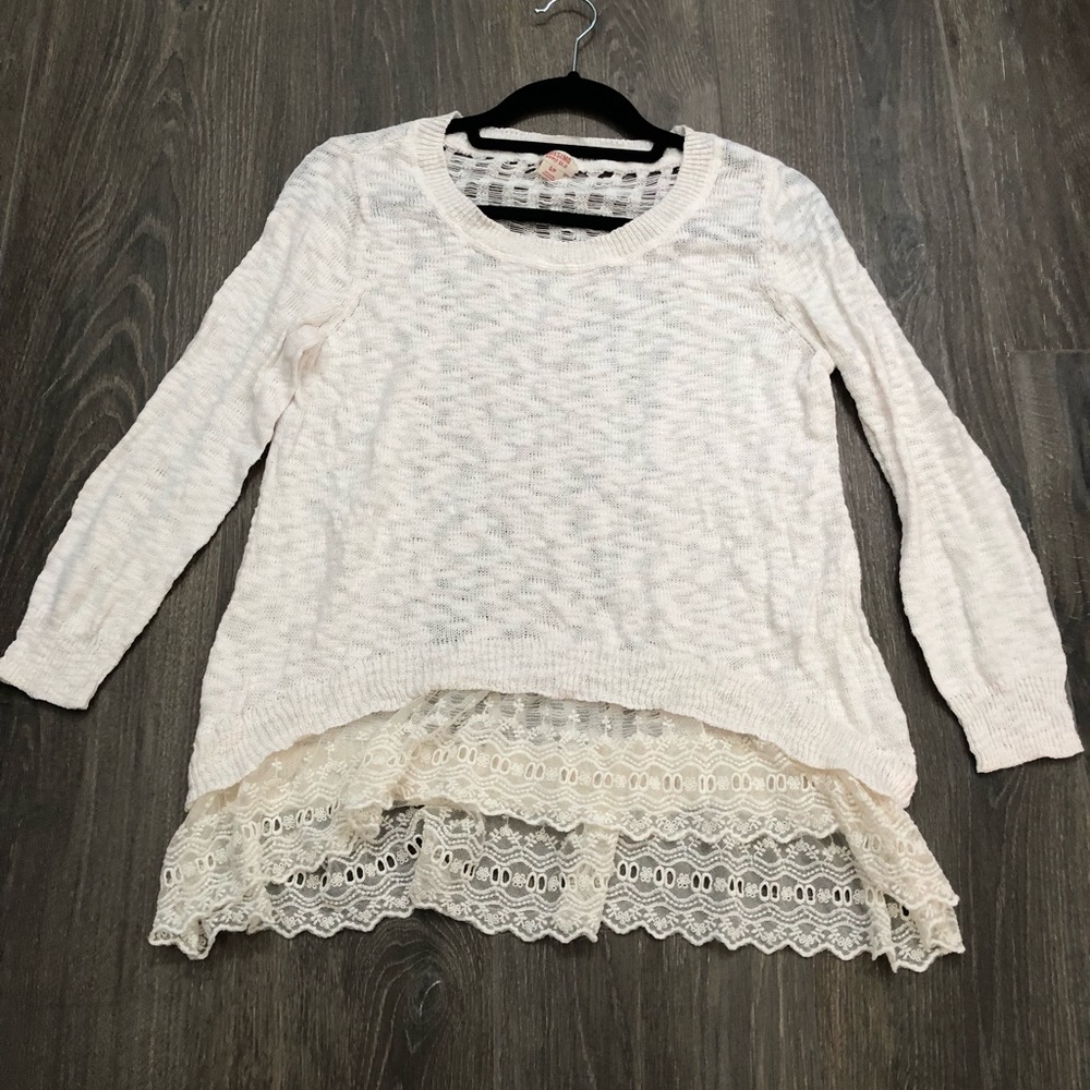 White/ivory lace trimmed sweater